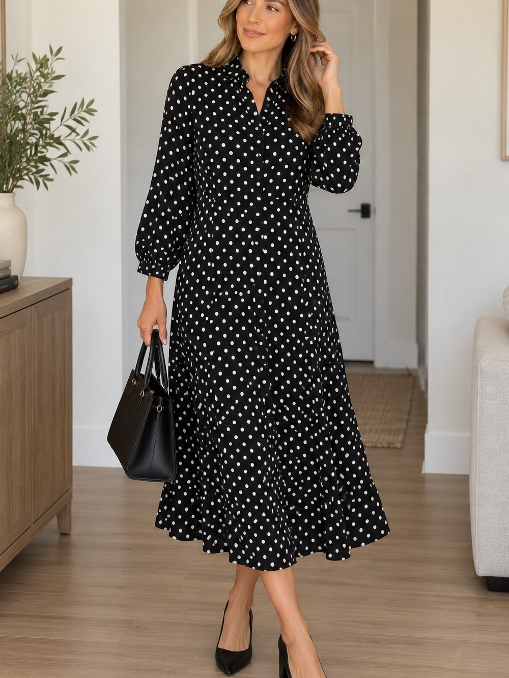 Zara Black and White Polka Dot Long Sleeve Midi Dress